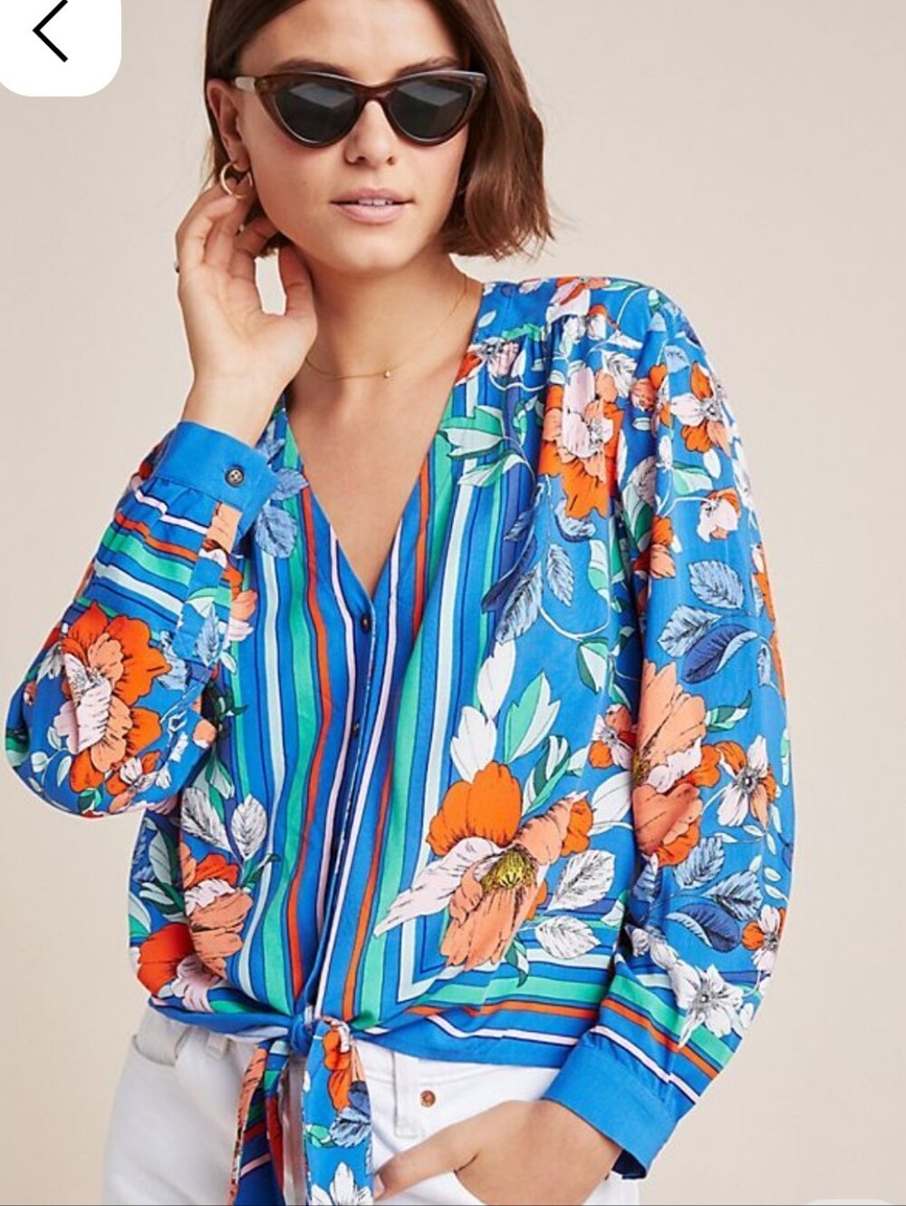 ANTHROPOLOGIE MAEVE Elan Scarf Print Blue Floral Tie-Front Blouse Size 14 - Picture 1 of 13